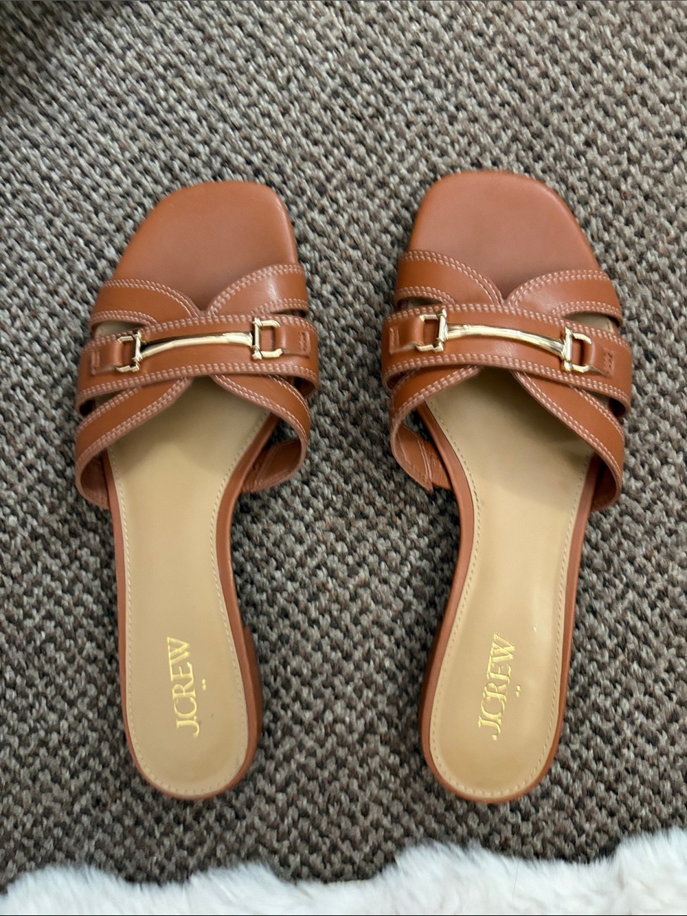 J. Crew Tan Leather Slide Sandals with Gold Buckle